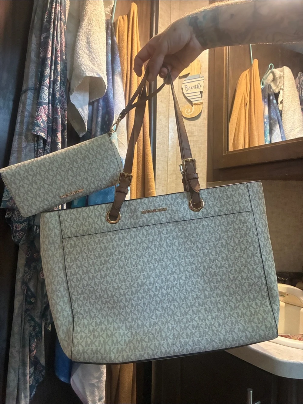 Michael Kors Light Beige Monogram Tote with Matching Wristlet